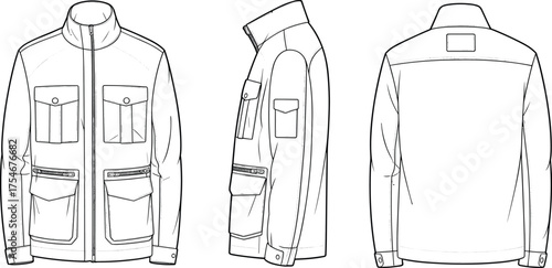 Men’s jacket fashion illustration, technical flat sketch, outerwear design, apparel template,