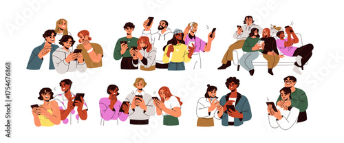 Couples, friends with mobile phones in hands, looking at screens together. People watching video, scrolling social media, reading news in groups. Flat vector illustrations isolated on white background