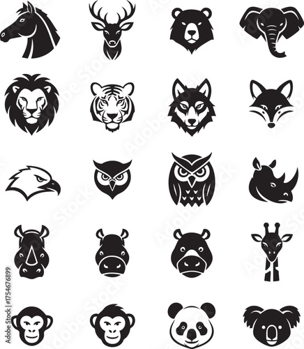 A collection of twenty black and white stylized wild animal head icons for logos and emblems.