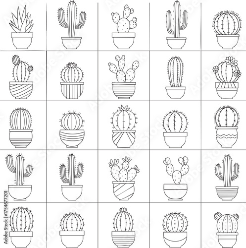 A diverse collection of black and white line art illustrations featuring various types of potted cacti and succulents.