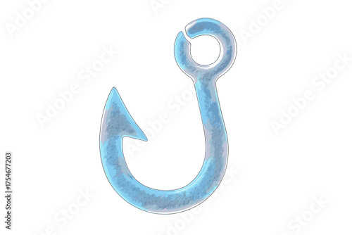 Stylized iridescent blue fishing hook isolated on a clean white background