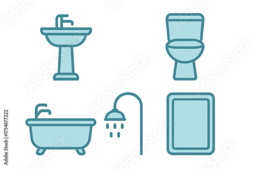 Set of essential bathroom fixtures icons including sink toilet bathtub shower and mirror
