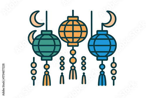 Festive decorative lanterns in green orange and blue with hanging tassels and crescent moons