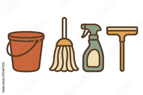 Essential household cleaning tools: bucket, mop, spray bottle, and squeegee