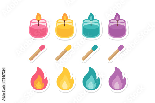 Colorful burning candles, wooden matches, and stylized flames sticker set