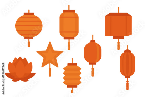 Set of traditional orange Asian lanterns and festive symbols including lotus and star