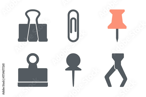 Collection of essential office supplies icons including binder clips, paper clips, and pushpins