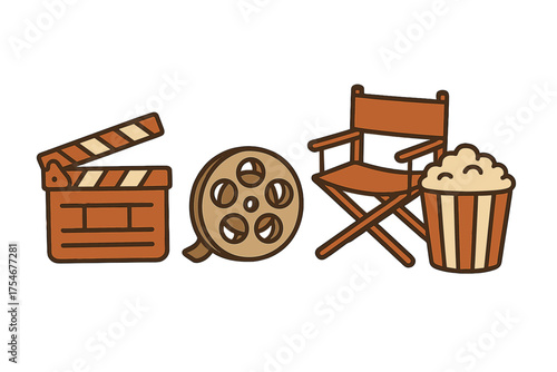 Classic cinema elements: clapperboard, film reel, director's chair, and popcorn bucket