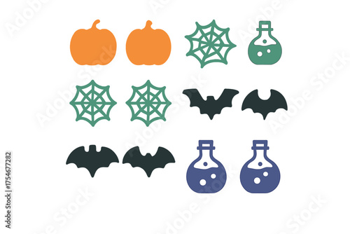 Spooky Halloween icons set featuring pumpkins, bats, spiderwebs, and magic potion bottles