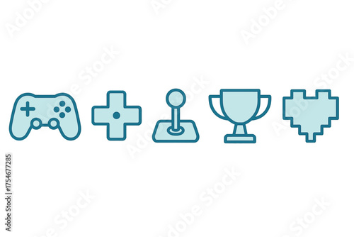 Collection of gaming icons featuring gamepad, joystick, trophy, D-pad, and pixel heart