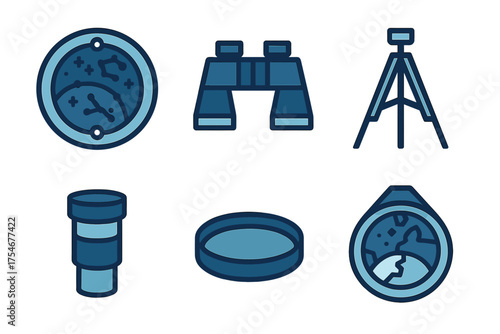 Collection of blue icons representing astronomy, exploration, and scientific observation tools