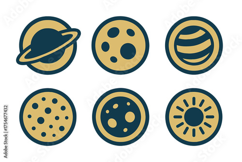 Minimalist set of space icons featuring planets Saturn Jupiter Moon and the Sun