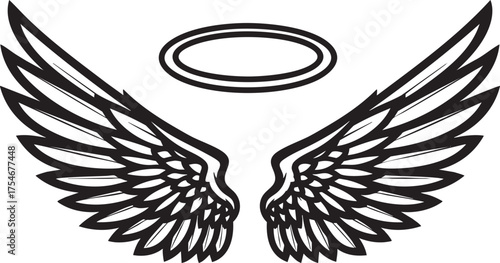 A pair of stylized black and white angel wings with a floating halo above depicted in a bold line art style.
