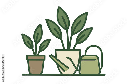 Potted green houseplants and watering can symbolizing indoor gardening and plant care