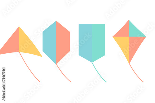 Minimalist collection of four brightly colored kites with geometric shapes and long strings