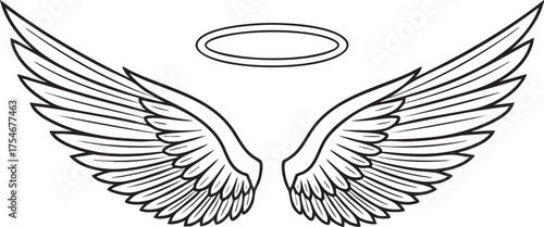 A pair of black and white illustrated angel wings with a floating halo.