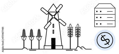 Windmill surrounded by corn and wheat, database stack, and dollar sign. Ideal for sustainability, agriculture, energy, economy, technology innovation wealth generation. Simple flat metaphor