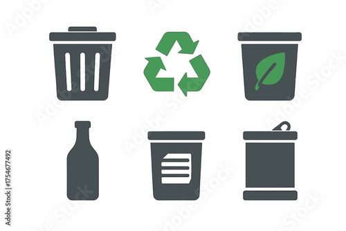 Six simple symbols for waste management, recycling, garbage, and eco-friendly disposal