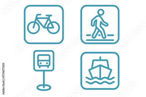 Teal outline symbols for public transportation modes and pedestrian movement