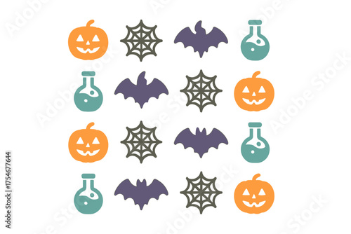 Seamless pattern of spooky Halloween icons featuring jack-o'-lanterns bats spiderwebs and potion flasks