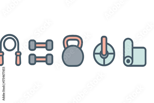 Essential gym and workout equipment icons set featuring jump rope dumbbells kettlebell weight plate and yoga mat