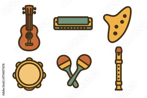 Retro style set of musical instruments including ukulele, harmonica, and percussion