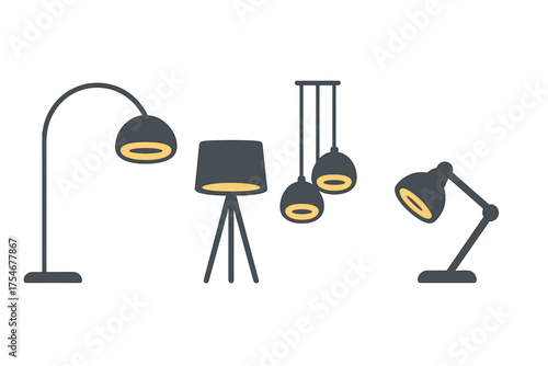 Contemporary home lighting fixtures collection including floor lamps, hanging lights, and a table lamp