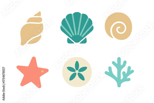 Stylized marine life collection featuring seashells starfish sand dollar and coral in muted colors