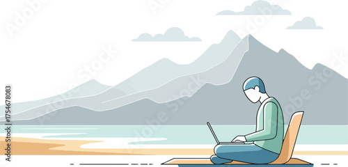 Man working on a laptop outdoors sitting with mountains in the background illustration for remote work and digital nomad concepts