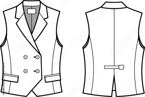 omen’s tailored vest fashion illustration, technical flat sketch with double-breasted design,