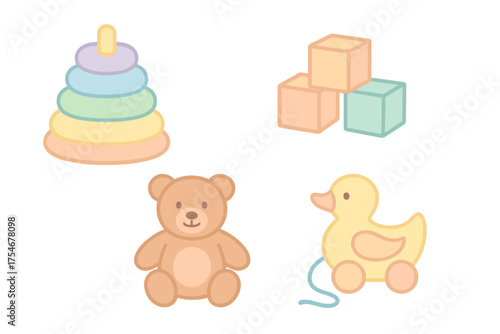 Assortment of essential childhood playthings like a teddy bear, stacking toy, building blocks, and rolling duck