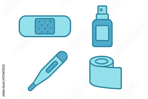 Essential health and first aid items: thermometer, adhesive bandage, spray bottle, and medical tape