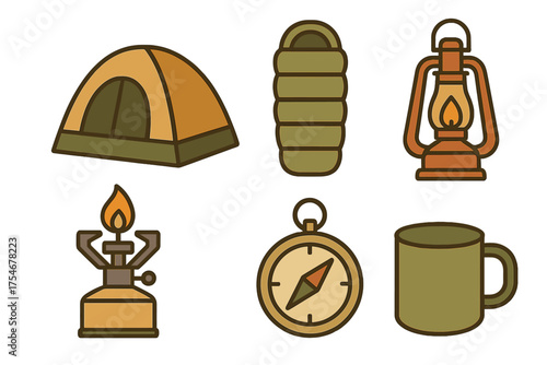 Essential outdoor adventure equipment set featuring tent, sleeping bag, lantern, and compass