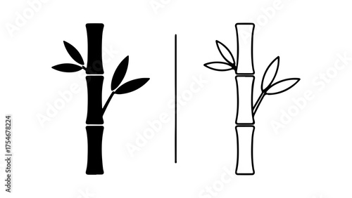 Bamboo stalks with leaves and line art with transparent background