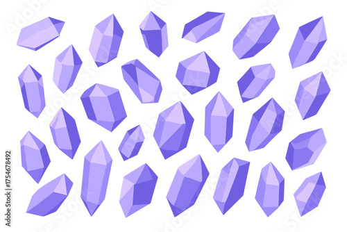 Seamless pattern of purple amethyst quartz crystals scattered on a white background