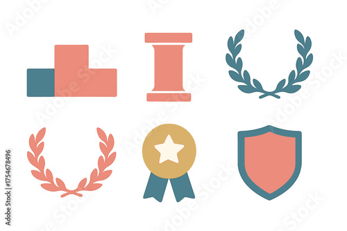 Stylized collection of victory and achievement symbols including podium, medal, shield, and laurel wreaths