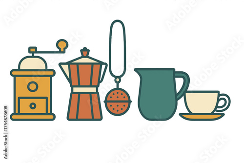Collection of coffee and tea preparation equipment including grinder Moka pot infuser and ceramic cup