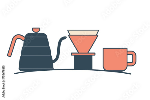 Minimalist flat style pour-over coffee brewing equipment kettle dripper and cup