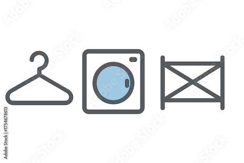 Simple outline symbols representing clothing care, washing, and drying equipment