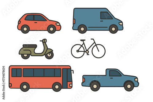 Diverse set of common city transportation vehicles and modes of travel