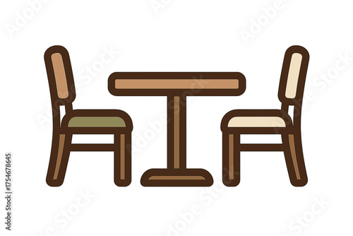 Stylized wooden pedestal table and two chairs furniture set for home or restaurant