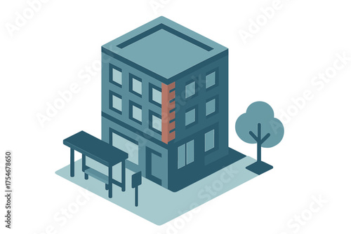Isometric modern urban building with multiple floors next to a bus stop and small tree