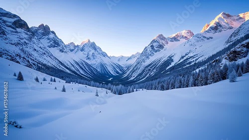 Wallpaper Mural Snow-Covered Mountain Landscape with Pine Trees Under Clear Blue Sky Aerial Shot Torontodigital.ca