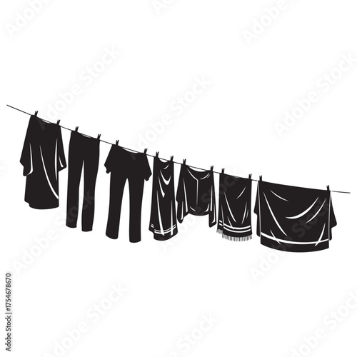 Illustration of clothes hanging on a clothesline, laundry day, housework concept