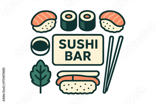 Set of Japanese sushi icons featuring nigiri, maki rolls, soy sauce, chopsticks, and restaurant sign