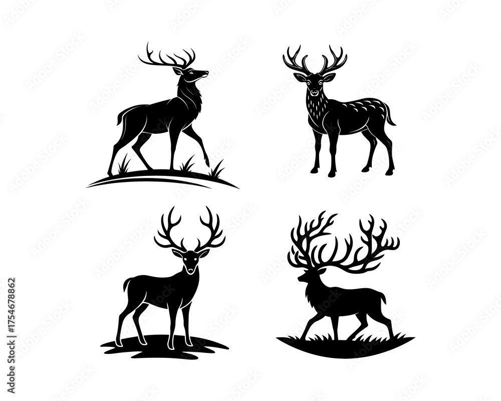 Naklejka premium deer logo set, deer vector silhouette, deer silhouette, deer vector, silhouette, deer set, animal silhouette, vector, deer antler silhouette, forest animal logo