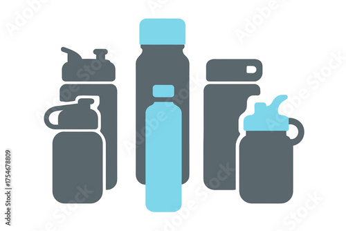 Stylized collection of various reusable sports bottles and containers for hydration and active lifestyle