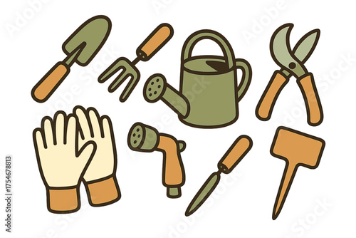 Collection of essential gardening tools including gloves, watering can, trowel, and shears