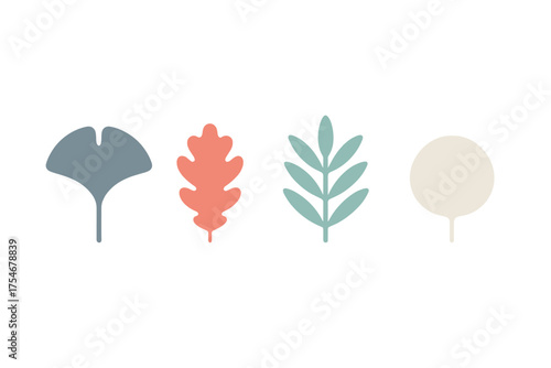 Stylized autumn nature leaves set in muted pastel colors on a white background