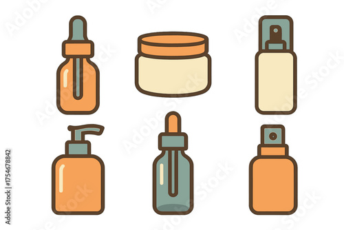 Collection of six minimalist skincare packaging bottles and jars icons